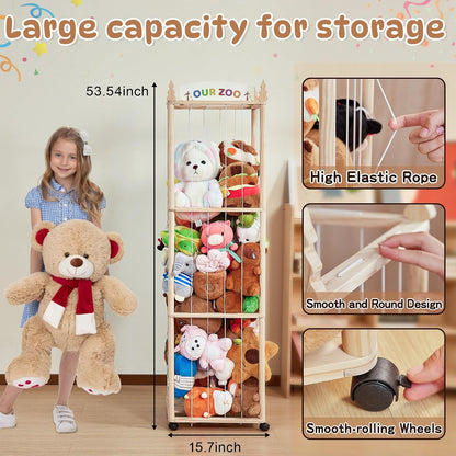 54" Stuffed Animal Storage, Large Toy Organizer with Lockable Wheels