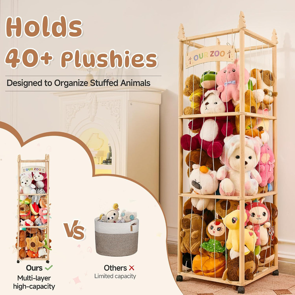 54" Stuffed Animal Storage, Large Toy Organizer with Lockable Wheels