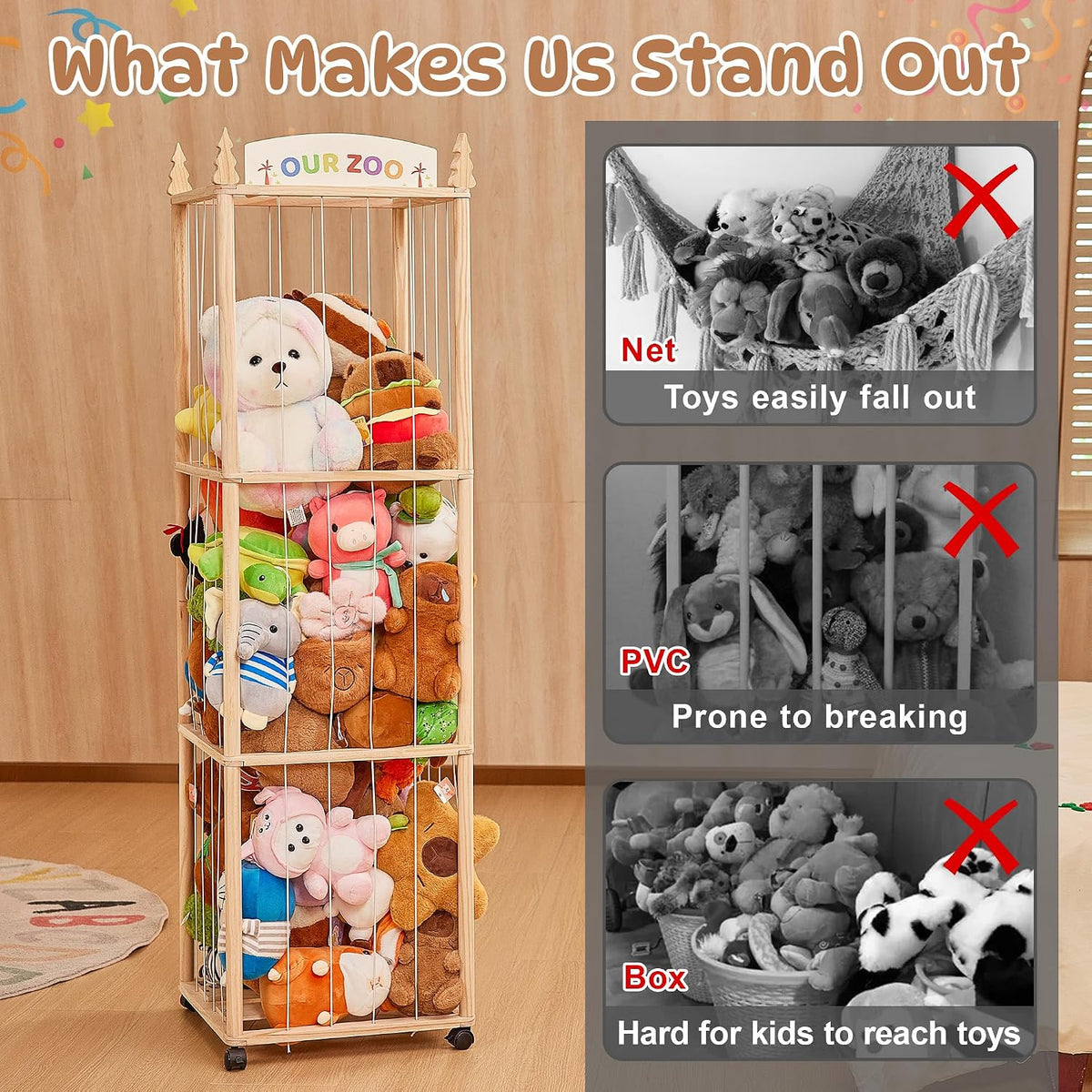 54" Stuffed Animal Storage, Large Toy Organizer with Lockable Wheels