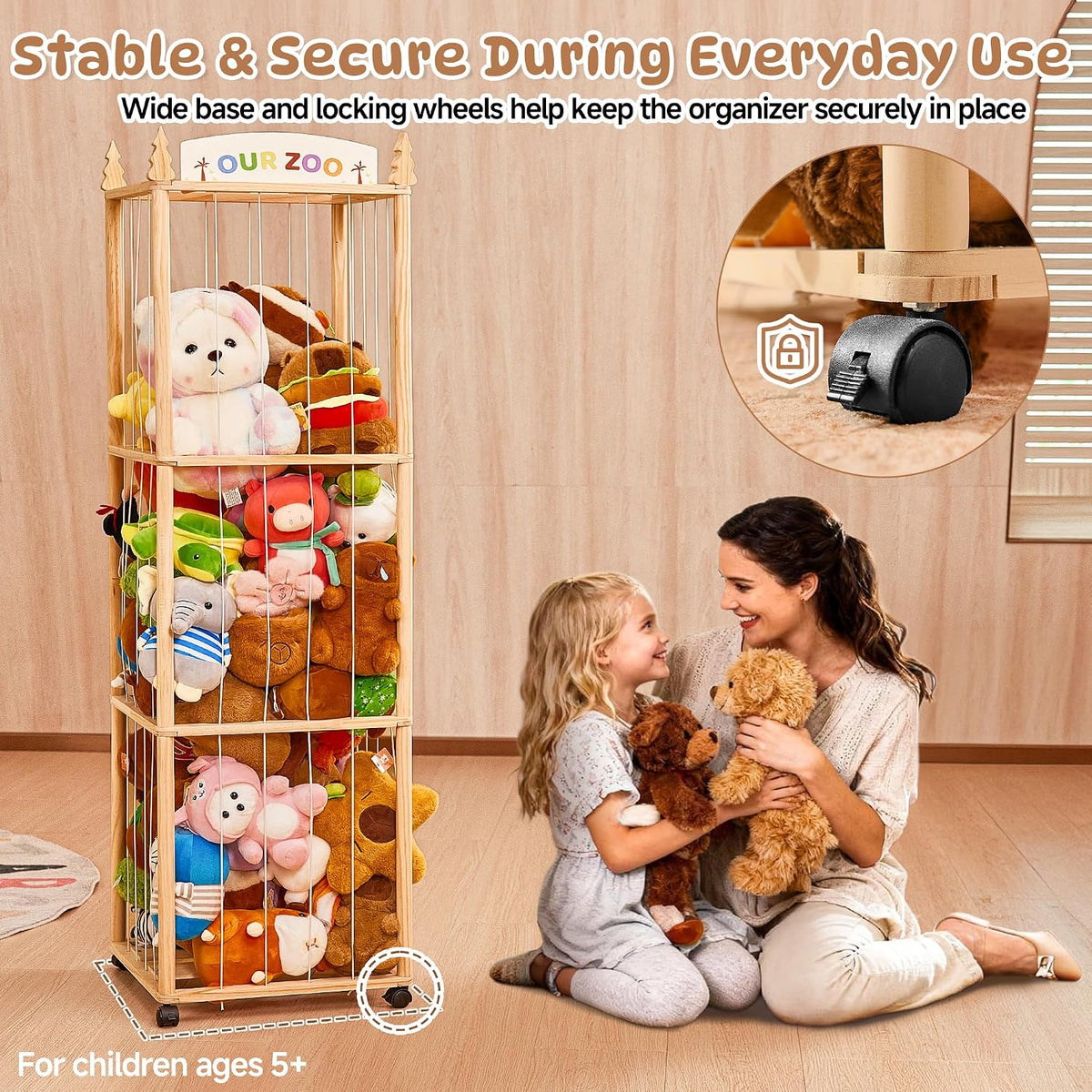54" Stuffed Animal Storage, Large Toy Organizer with Lockable Wheels