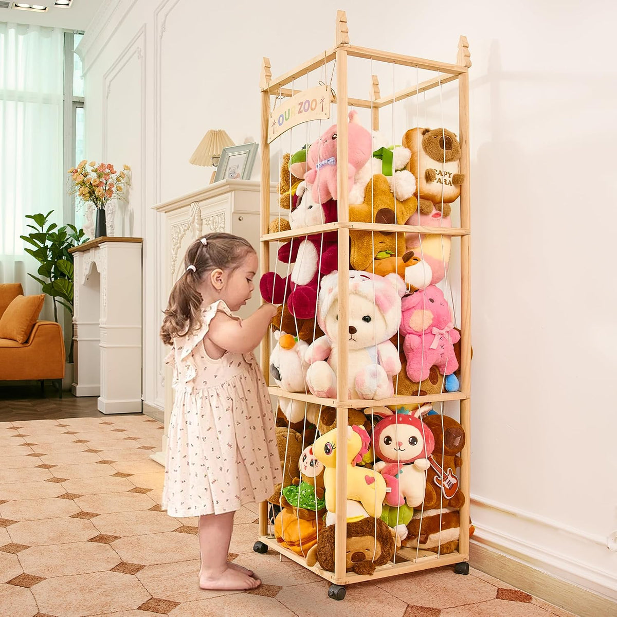 54" Stuffed Animal Storage, Large Toy Organizer with Lockable Wheels
