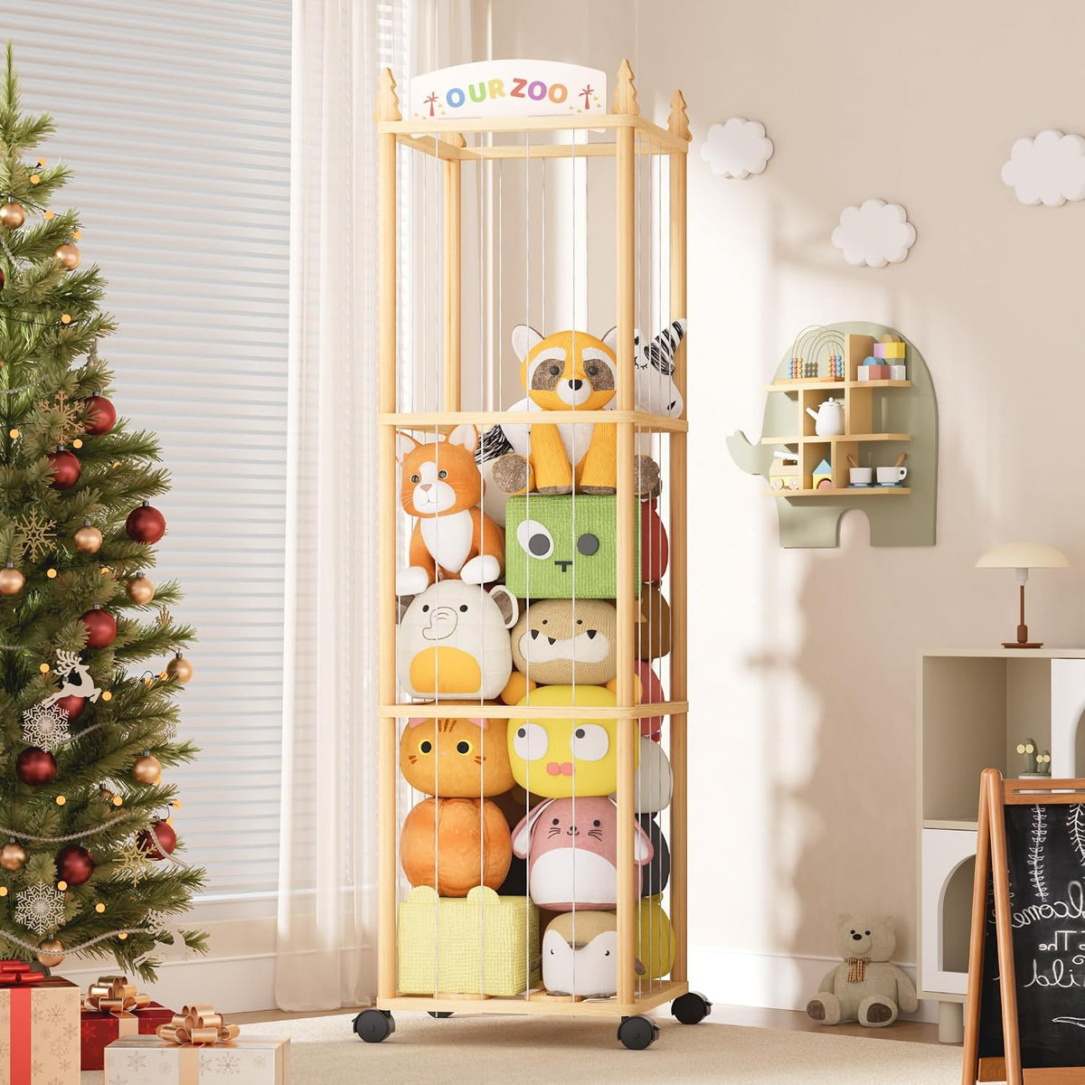 54" Stuffed Animal Storage, Large Toy Organizer with Lockable Wheels