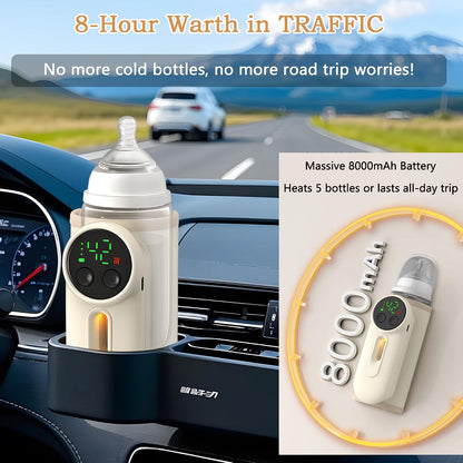 Portable Baby Bottle Warmer with Food-Safe Mat | Gentle 6-Temp Heating for Breastmilk & Formula | USB-C 30-min Charge, 8H Hold | Fits Anti-Colic Bottles ≤2.8" | Night Lingt & Milk Window