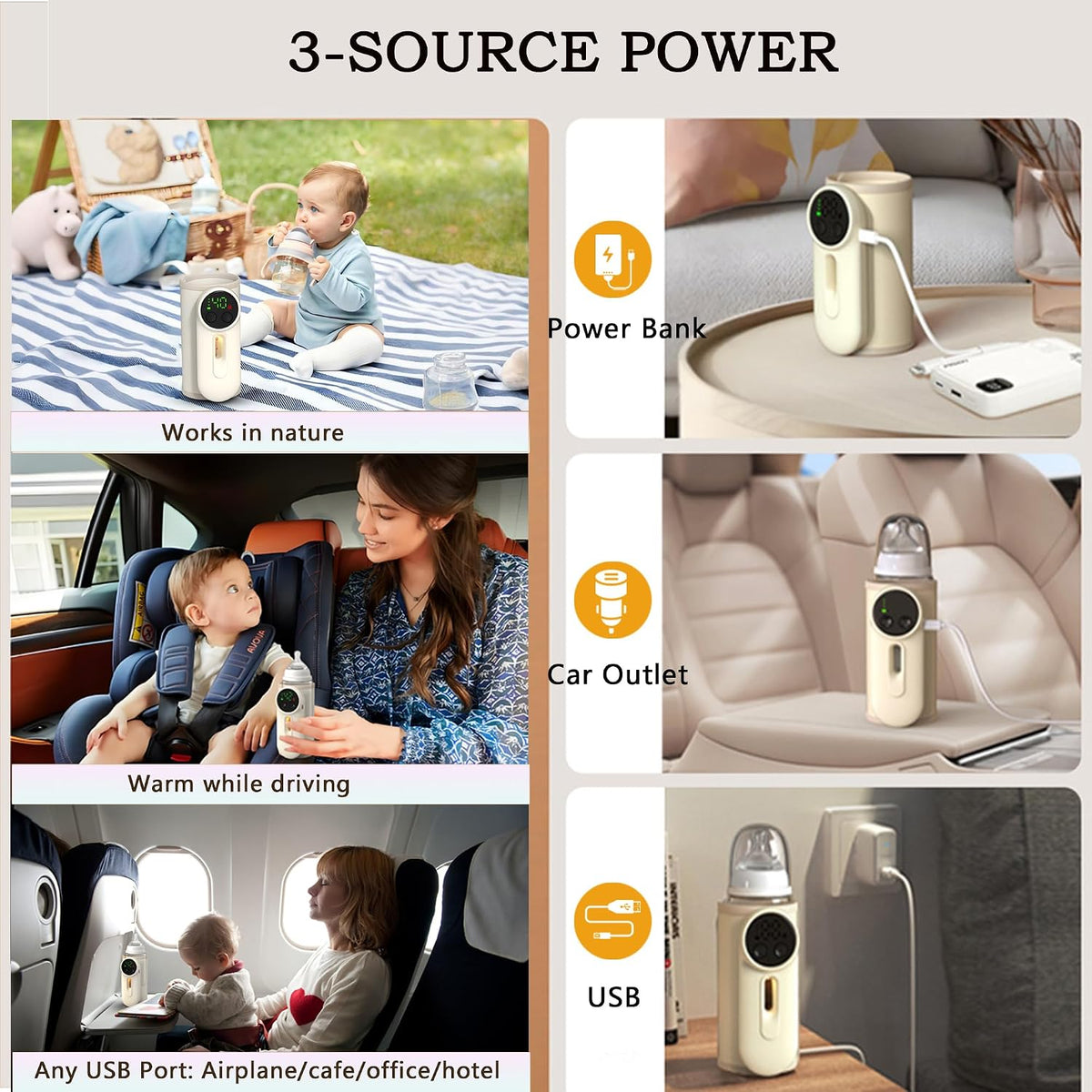 Portable Baby Bottle Warmer with Food-Safe Mat | Gentle 6-Temp Heating for Breastmilk & Formula | USB-C 30-min Charge, 8H Hold | Fits Anti-Colic Bottles ≤2.8" | Night Lingt & Milk Window