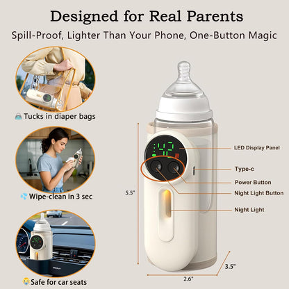 Portable Baby Bottle Warmer with Food-Safe Mat | Gentle 6-Temp Heating for Breastmilk & Formula | USB-C 30-min Charge, 8H Hold | Fits Anti-Colic Bottles ≤2.8" | Night Lingt & Milk Window