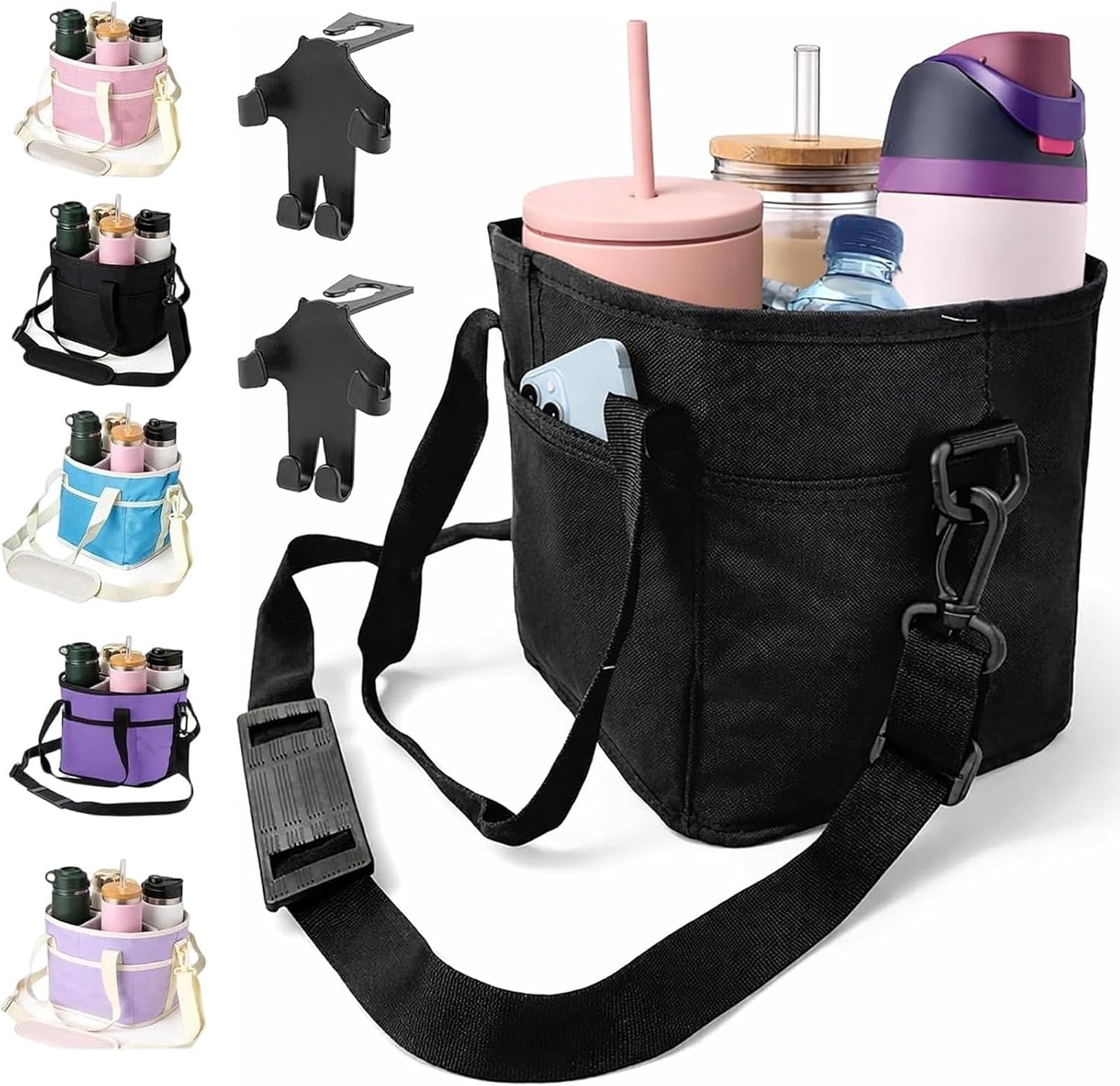 2026 Upgraded Reusable Insulated Drink Carrier, Family Size 4-Compartment Drink Carrier Bag for Coffee Cups & Tumblers, Insulated Drink Holder Bag with Adjustable Strap (Black)