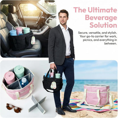 2026 Upgraded Reusable Insulated Drink Carrier, Family Size 4-Compartment Drink Carrier Bag for Coffee Cups & Tumblers, Insulated Drink Holder Bag with Adjustable Strap (Black)
