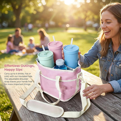2026 Upgraded Reusable Insulated Drink Carrier, Family Size 4-Compartment Drink Carrier Bag for Coffee Cups & Tumblers, Insulated Drink Holder Bag with Adjustable Strap (Black)