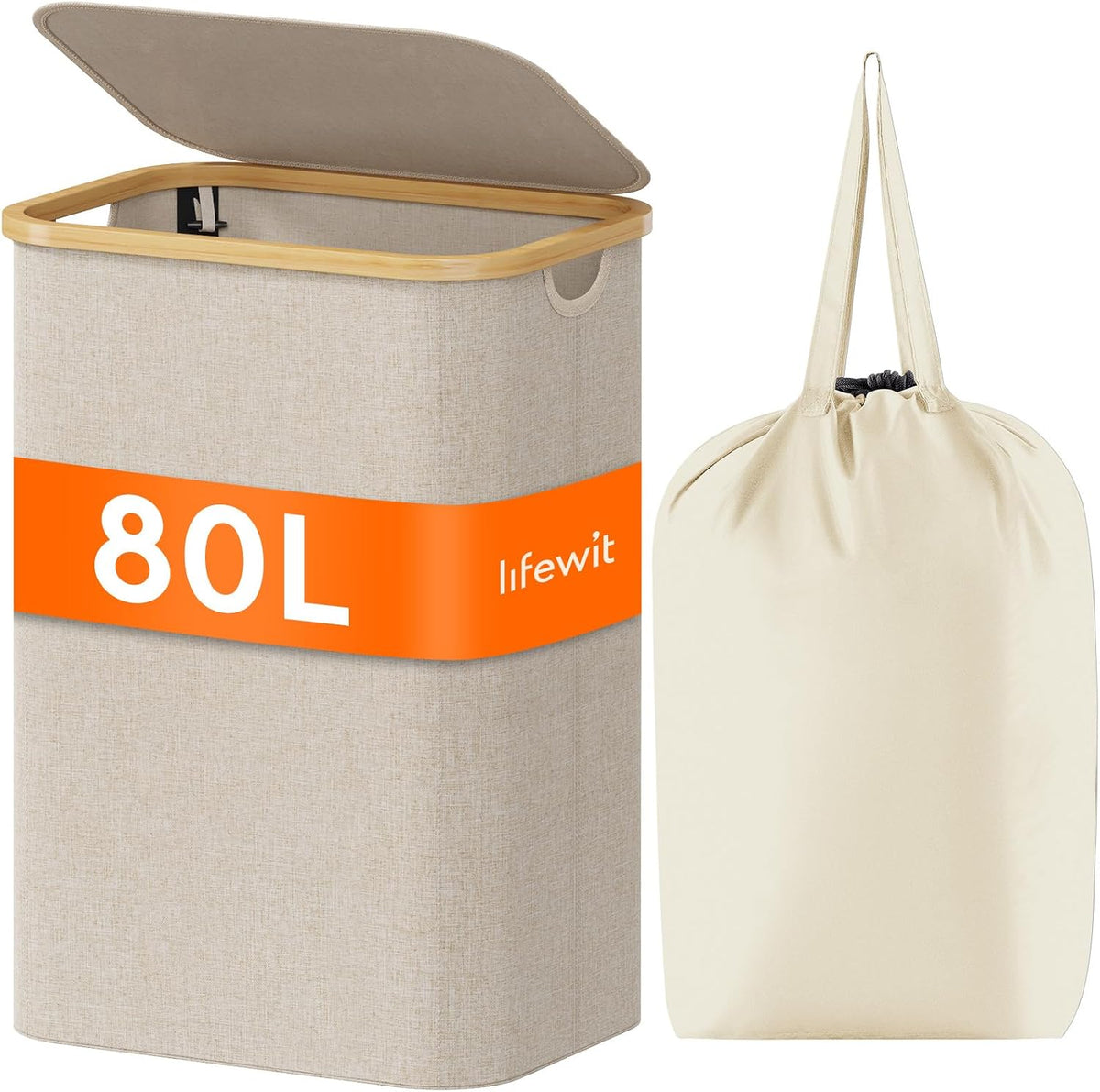 105L Large Laundry Basket with Lid, Removable Bags, Gray