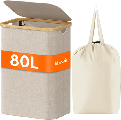 105L Large Laundry Basket with Lid, Removable Bags, Gray