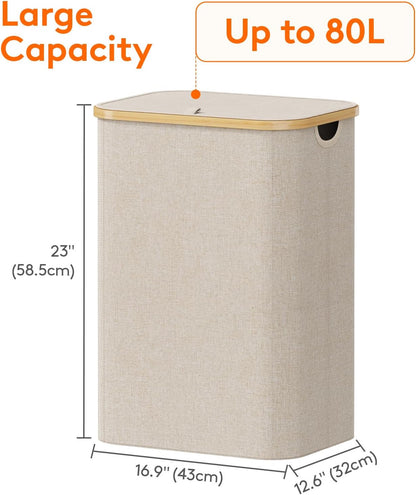 105L Large Laundry Basket with Lid, Removable Bags, Gray