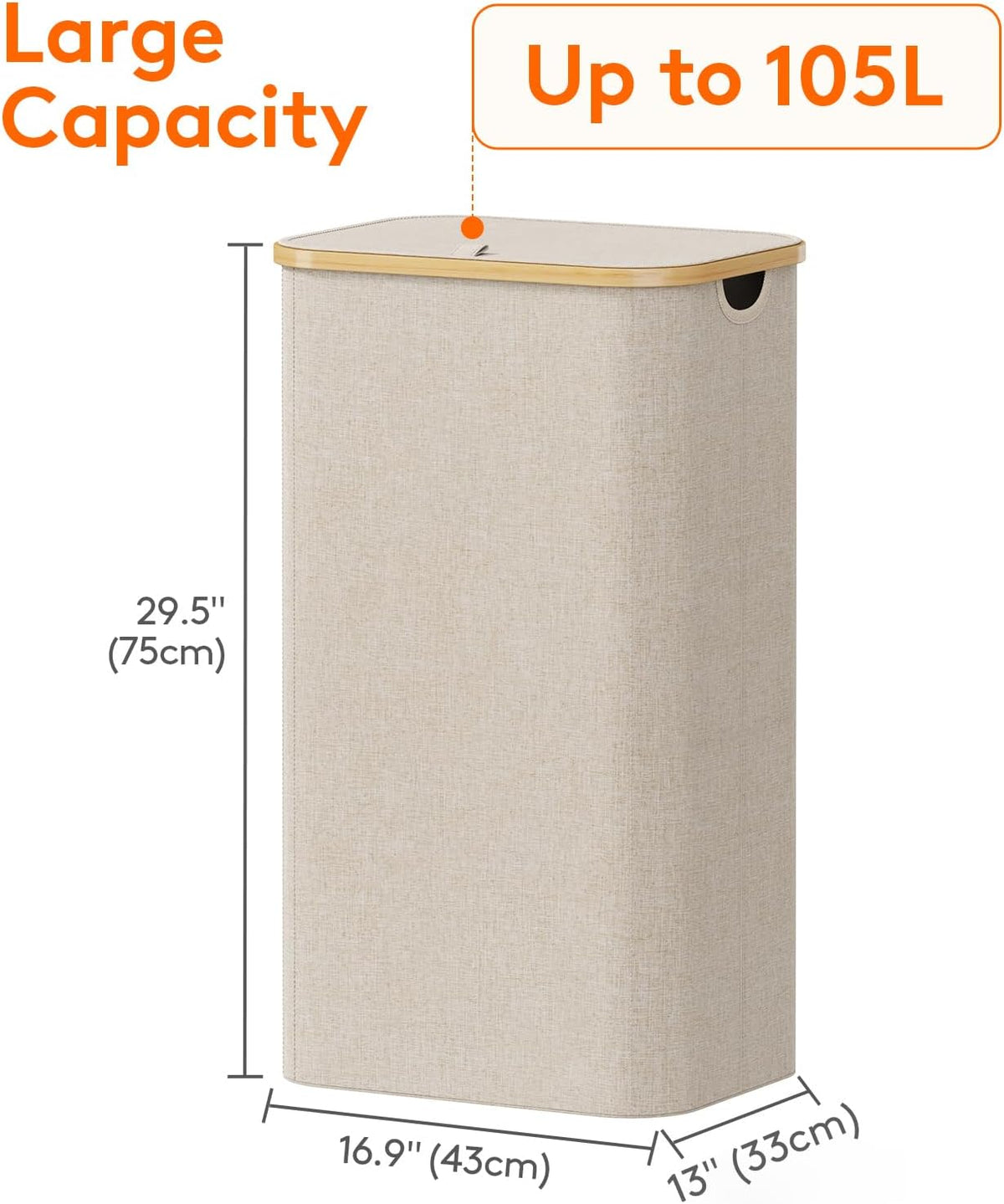 105L Large Laundry Basket with Lid, Removable Bags, Gray