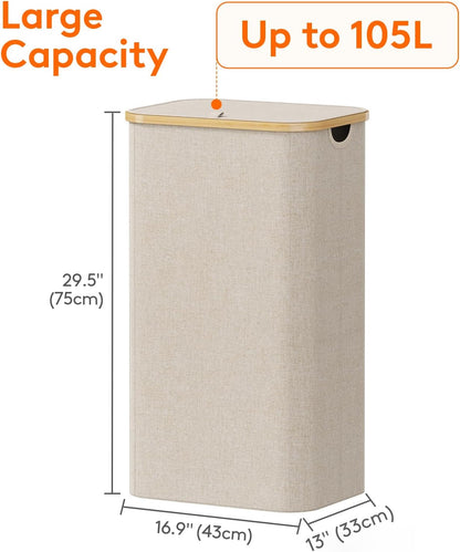 105L Large Laundry Basket with Lid, Removable Bags, Gray
