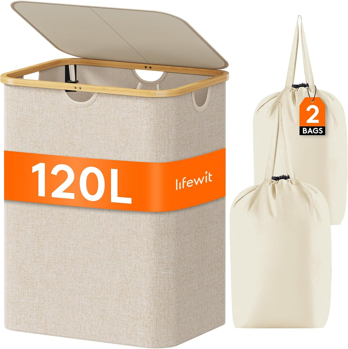 105L Large Laundry Basket with Lid, Removable Bags, Gray