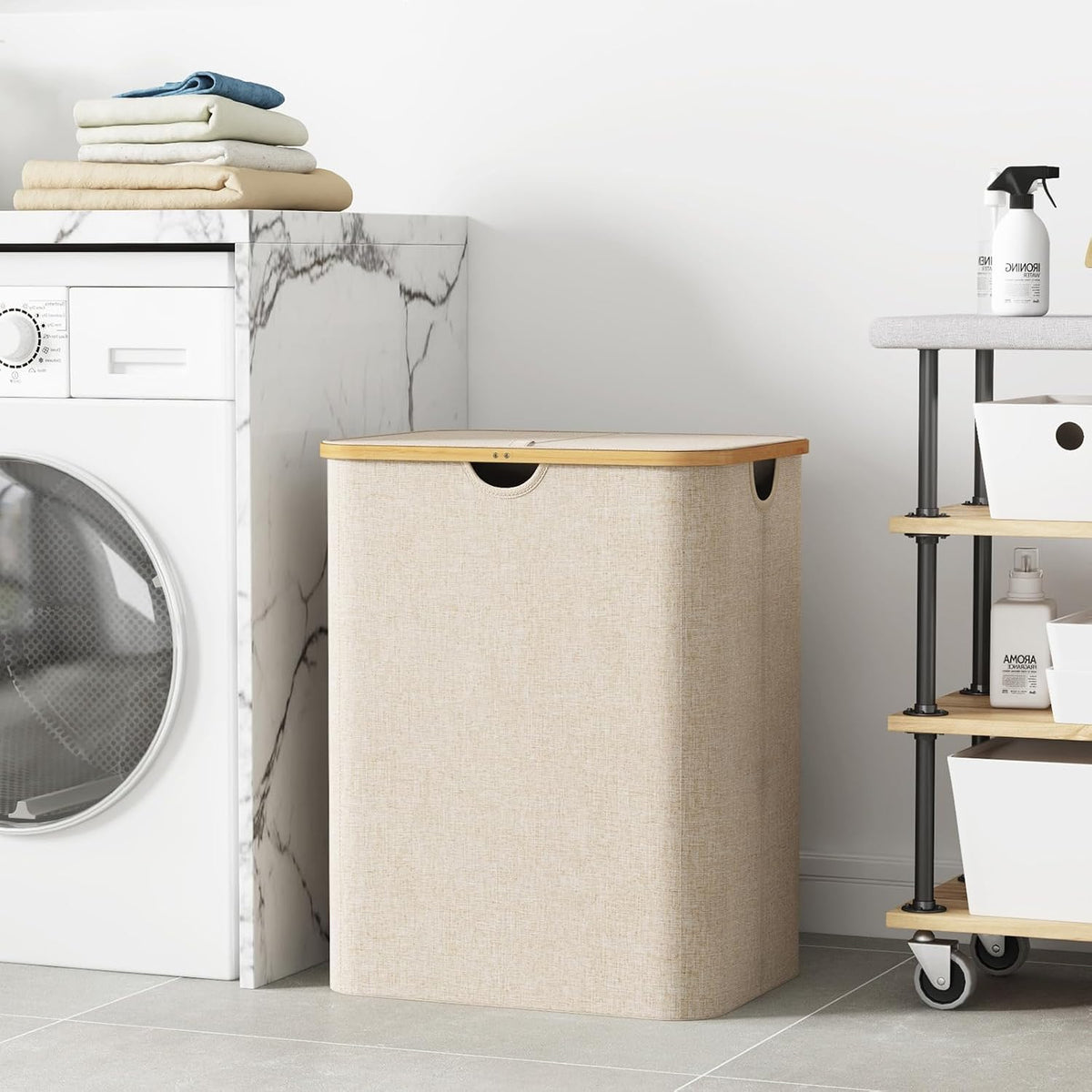 105L Large Laundry Basket with Lid, Removable Bags, Gray