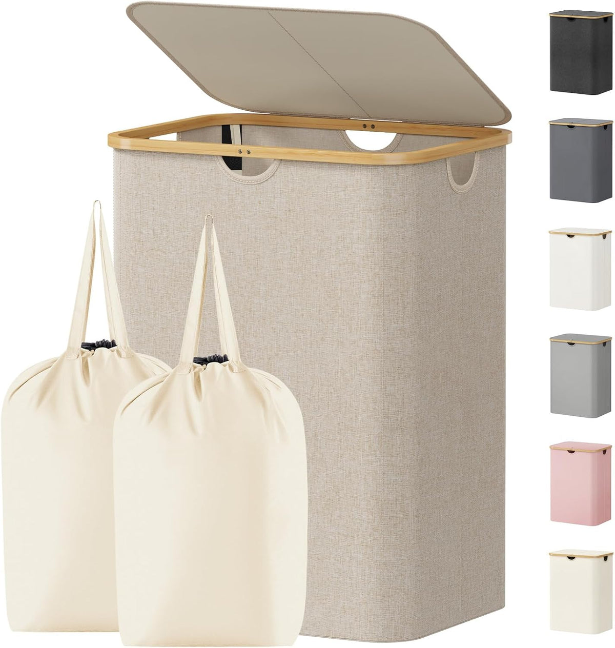 105L Large Laundry Basket with Lid, Removable Bags, Gray