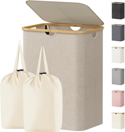 105L Large Laundry Basket with Lid, Removable Bags, Gray