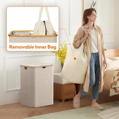 105L Large Laundry Basket with Lid, Removable Bags, Gray