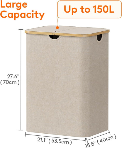 105L Large Laundry Basket with Lid, Removable Bags, Gray