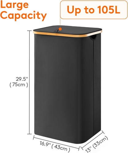 105L Large Laundry Basket with Lid, Removable Bags, Gray