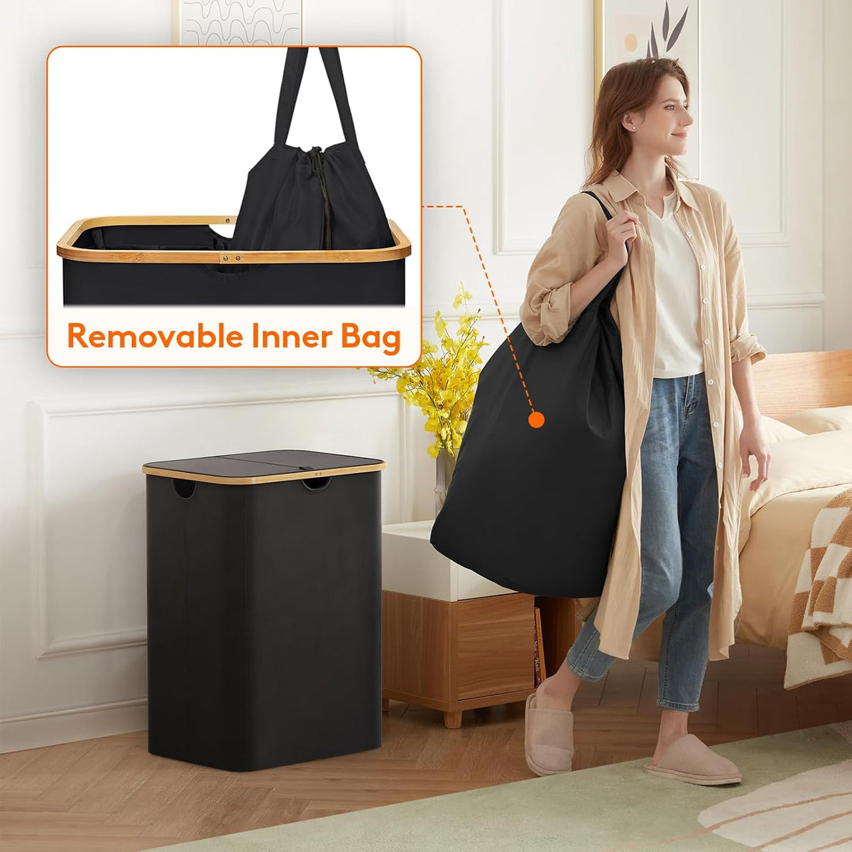 105L Large Laundry Basket with Lid, Removable Bags, Gray