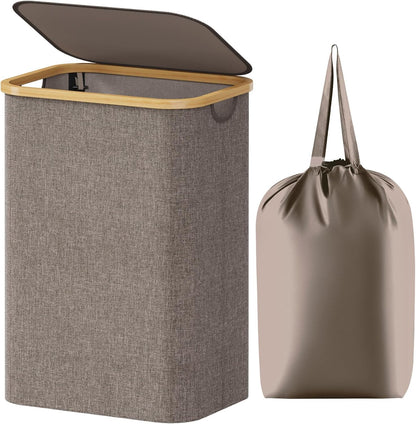 105L Large Laundry Basket with Lid, Removable Bags, Gray