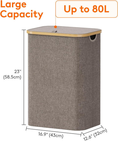 105L Large Laundry Basket with Lid, Removable Bags, Gray
