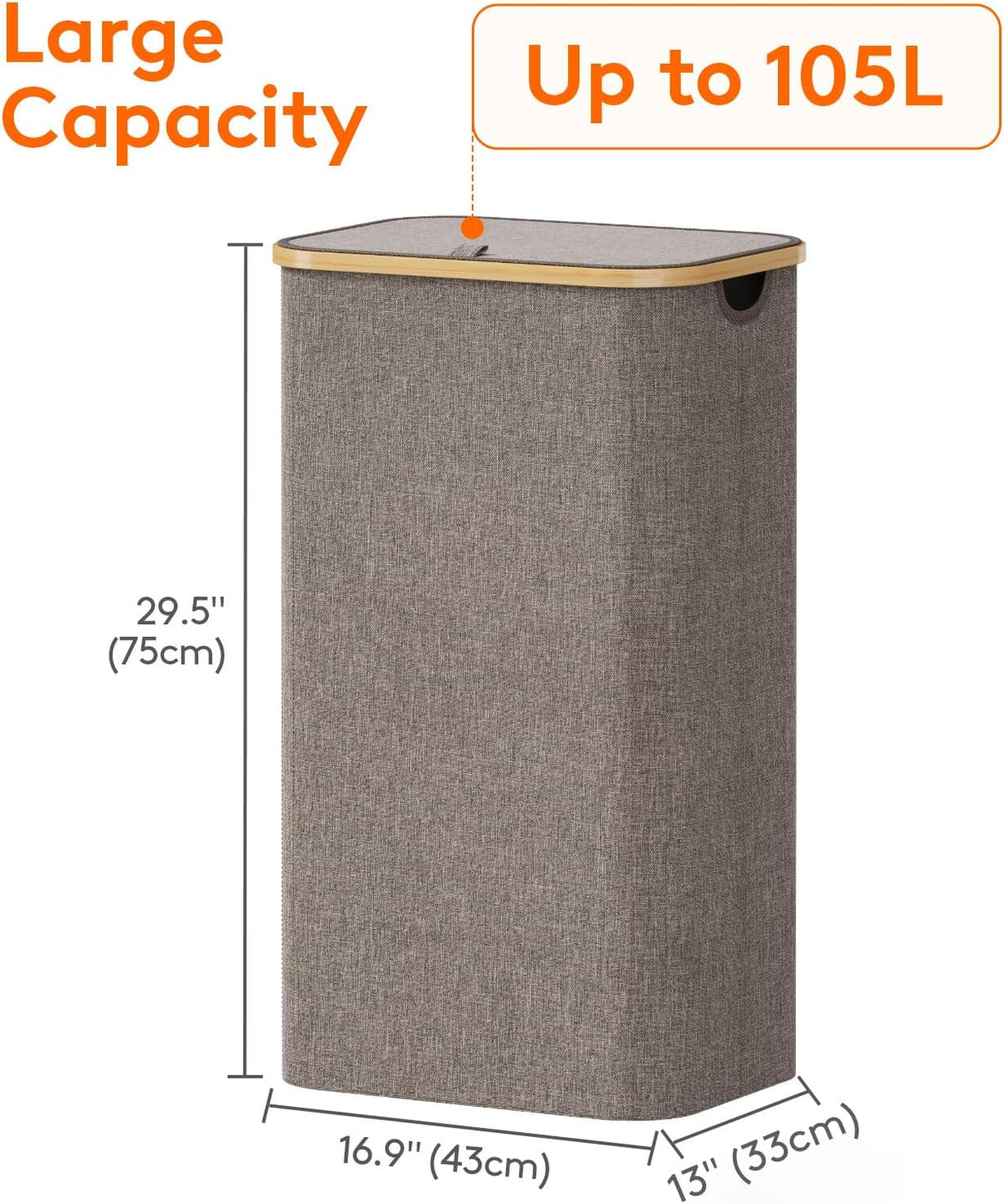 105L Large Laundry Basket with Lid, Removable Bags, Gray