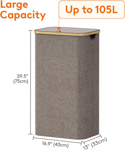 105L Large Laundry Basket with Lid, Removable Bags, Gray