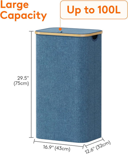105L Large Laundry Basket with Lid, Removable Bags, Gray
