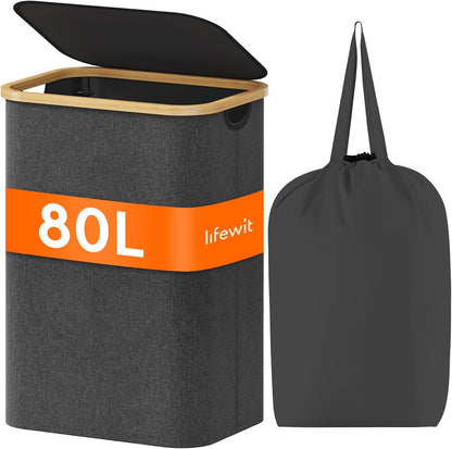 105L Large Laundry Basket with Lid, Removable Bags, Gray