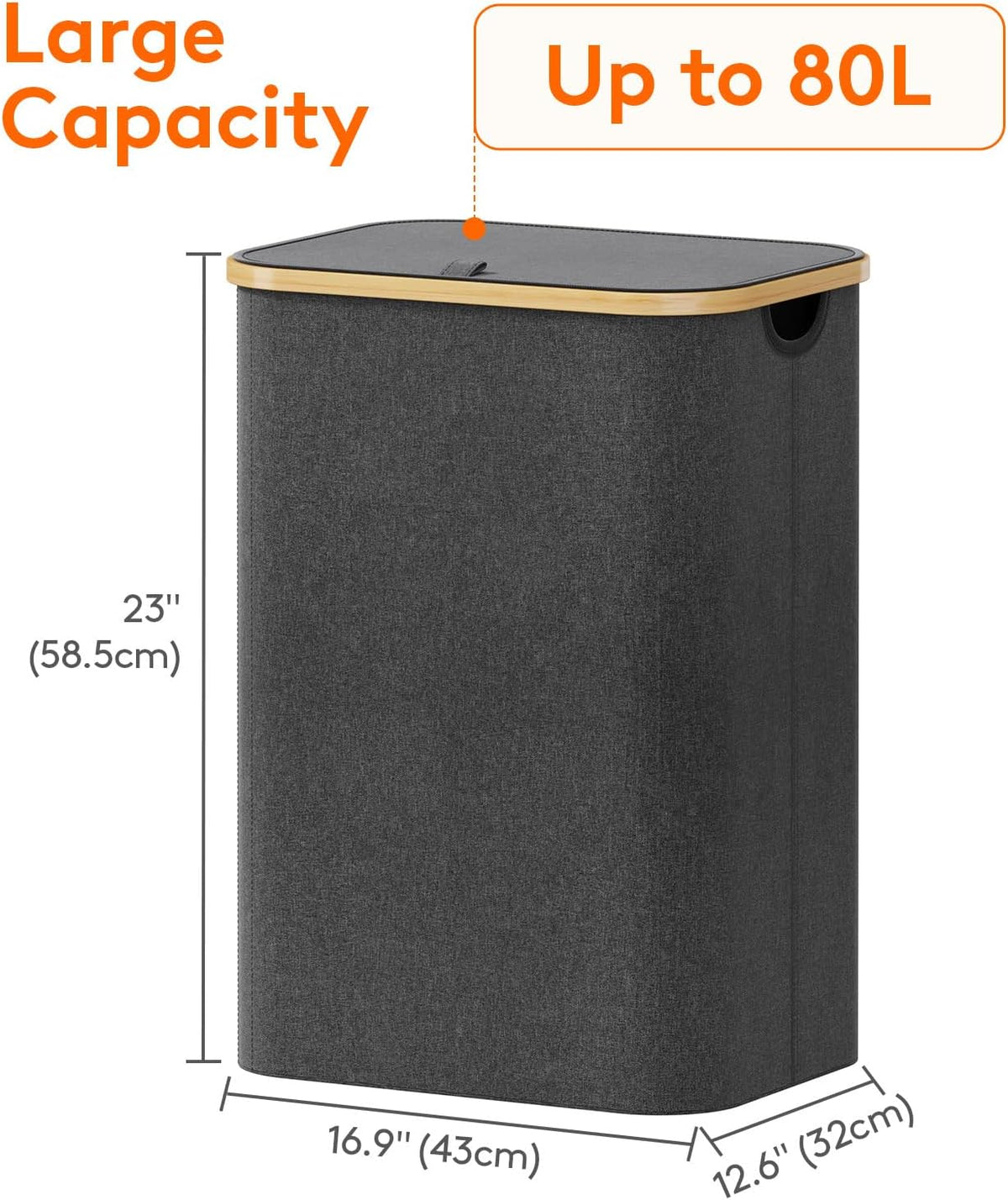 105L Large Laundry Basket with Lid, Removable Bags, Gray