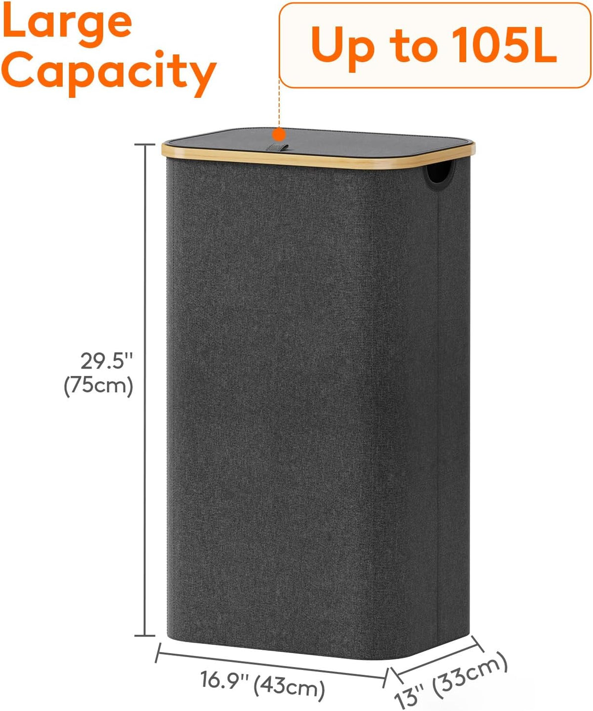 105L Large Laundry Basket with Lid, Removable Bags, Gray