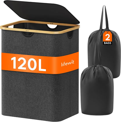 105L Large Laundry Basket with Lid, Removable Bags, Gray