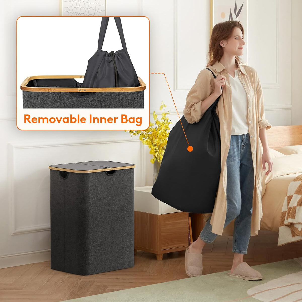 105L Large Laundry Basket with Lid, Removable Bags, Gray
