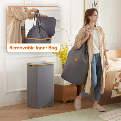105L Large Laundry Basket with Lid, Removable Bags, Gray