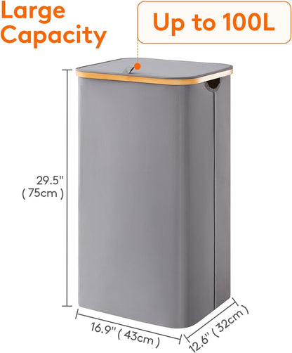 105L Large Laundry Basket with Lid, Removable Bags, Gray