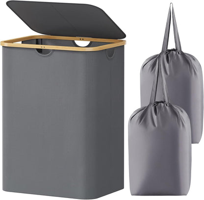 105L Large Laundry Basket with Lid, Removable Bags, Gray