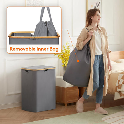 105L Large Laundry Basket with Lid, Removable Bags, Gray