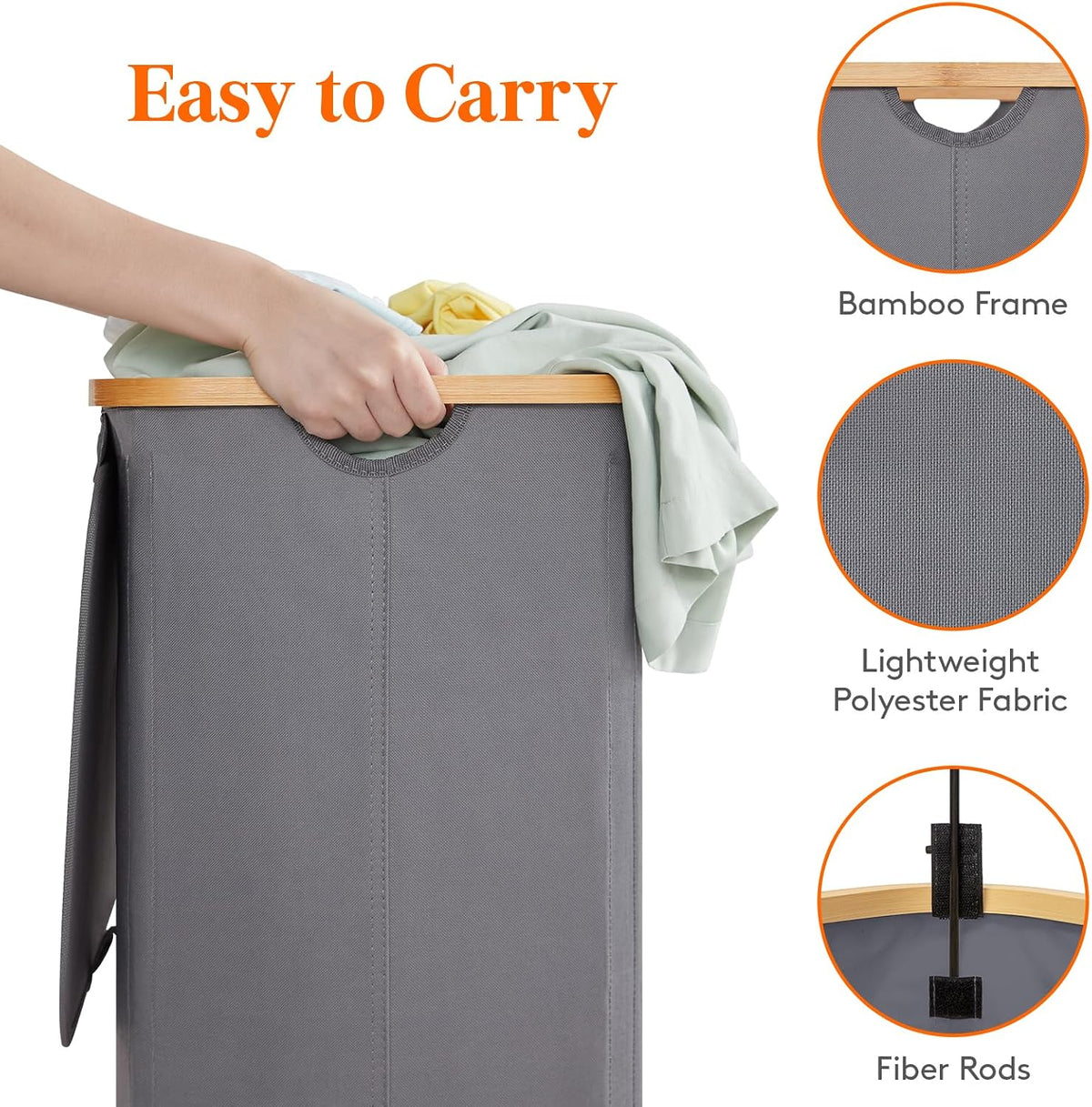 105L Large Laundry Basket with Lid, Removable Bags, Gray