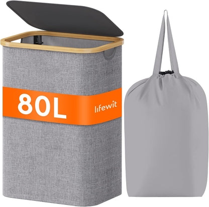 105L Large Laundry Basket with Lid, Removable Bags, Gray
