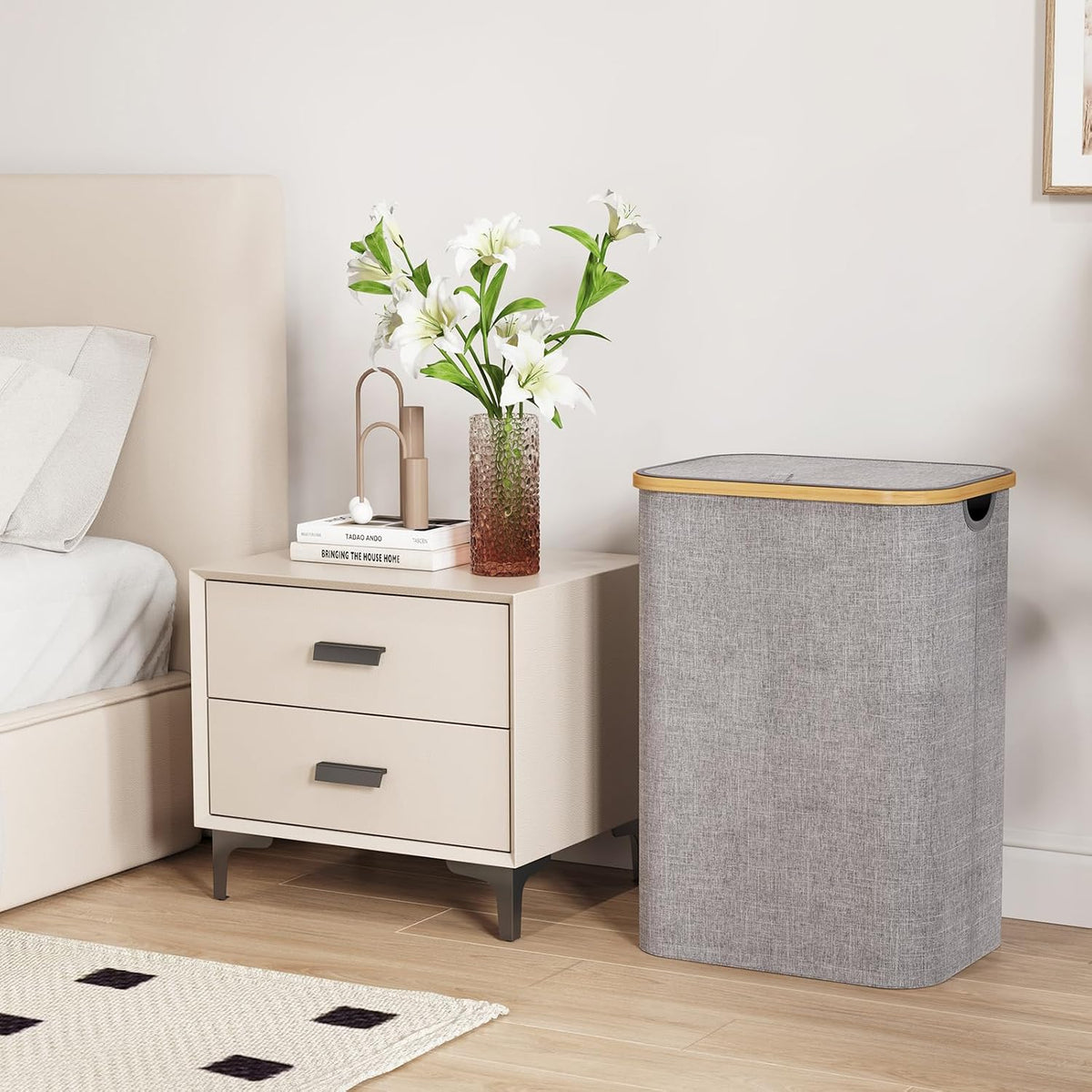 105L Large Laundry Basket with Lid, Removable Bags, Gray