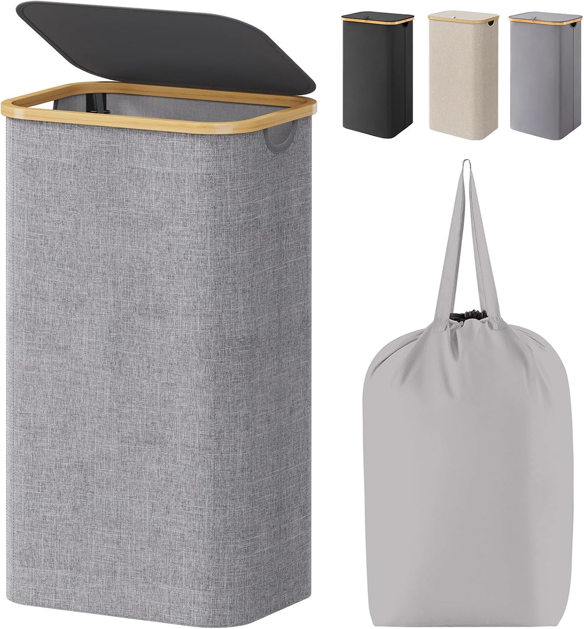 105L Large Laundry Basket with Lid, Removable Bags, Gray