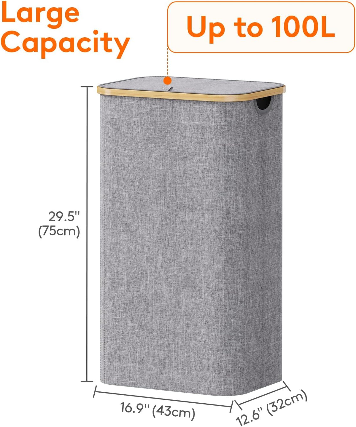 105L Large Laundry Basket with Lid, Removable Bags, Gray