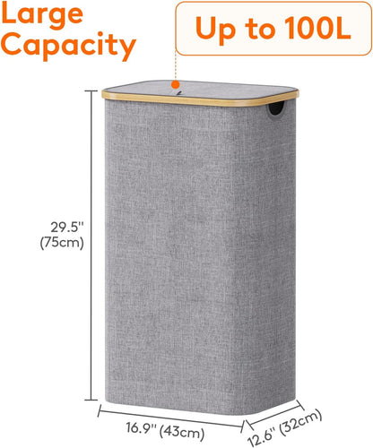 105L Large Laundry Basket with Lid, Removable Bags, Gray