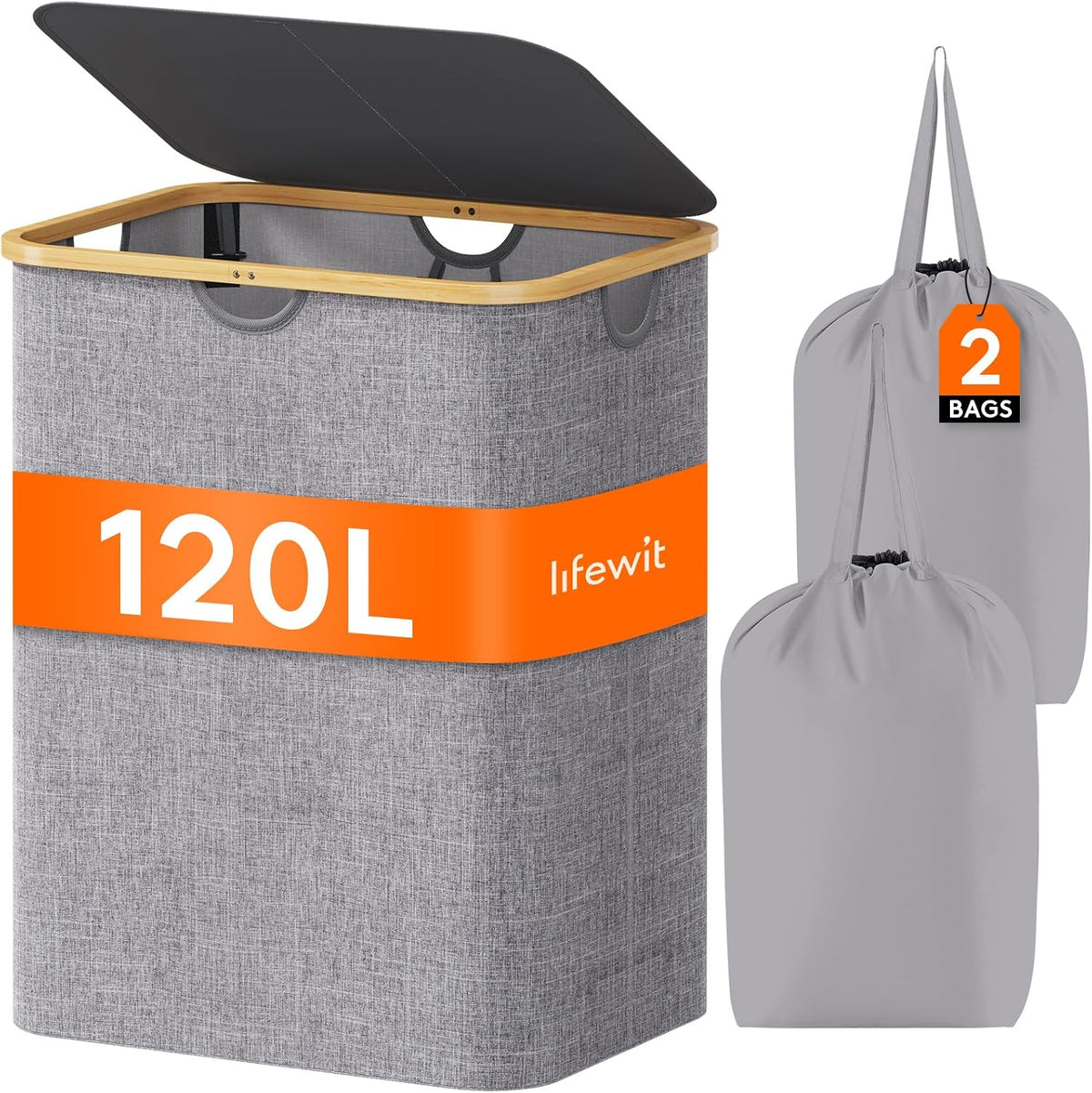 105L Large Laundry Basket with Lid, Removable Bags, Gray