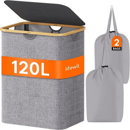 105L Large Laundry Basket with Lid, Removable Bags, Gray