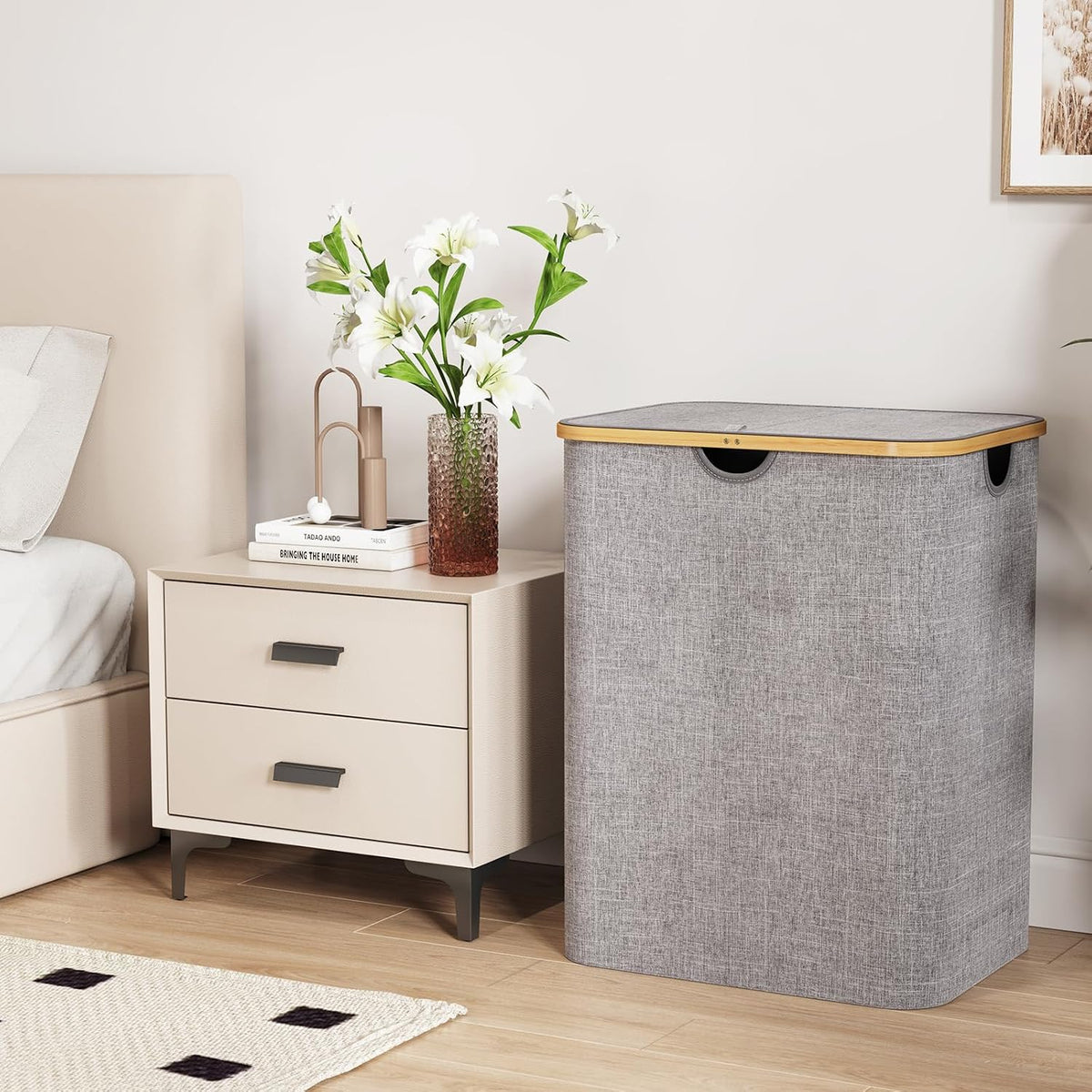 105L Large Laundry Basket with Lid, Removable Bags, Gray