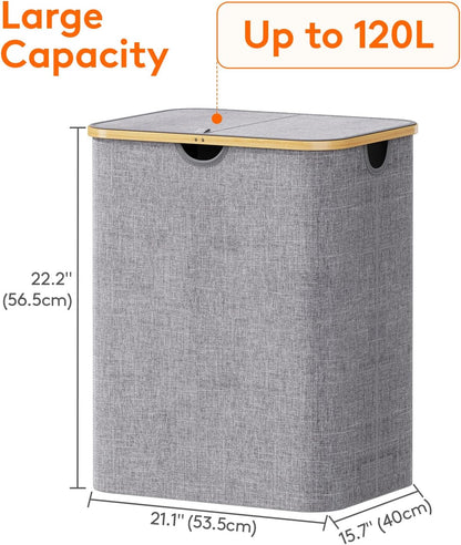 105L Large Laundry Basket with Lid, Removable Bags, Gray