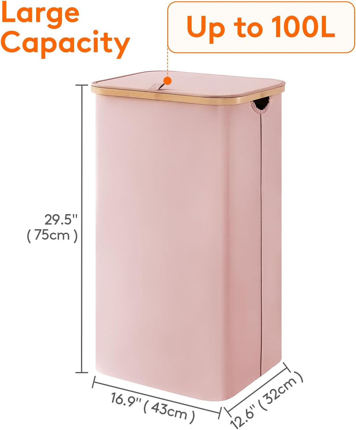 105L Large Laundry Basket with Lid, Removable Bags, Gray